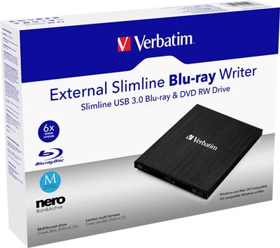 VERBATIM External Slimline Blu-Ray Writer USB 3.0, SW Nero Burn & Archive, Mac/Win kompat.